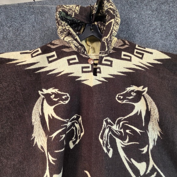 Southwestern Horse Hooded Poncho Blanket Shawl Fringe Cape Western Aztec Boho - Picture 7 of 16